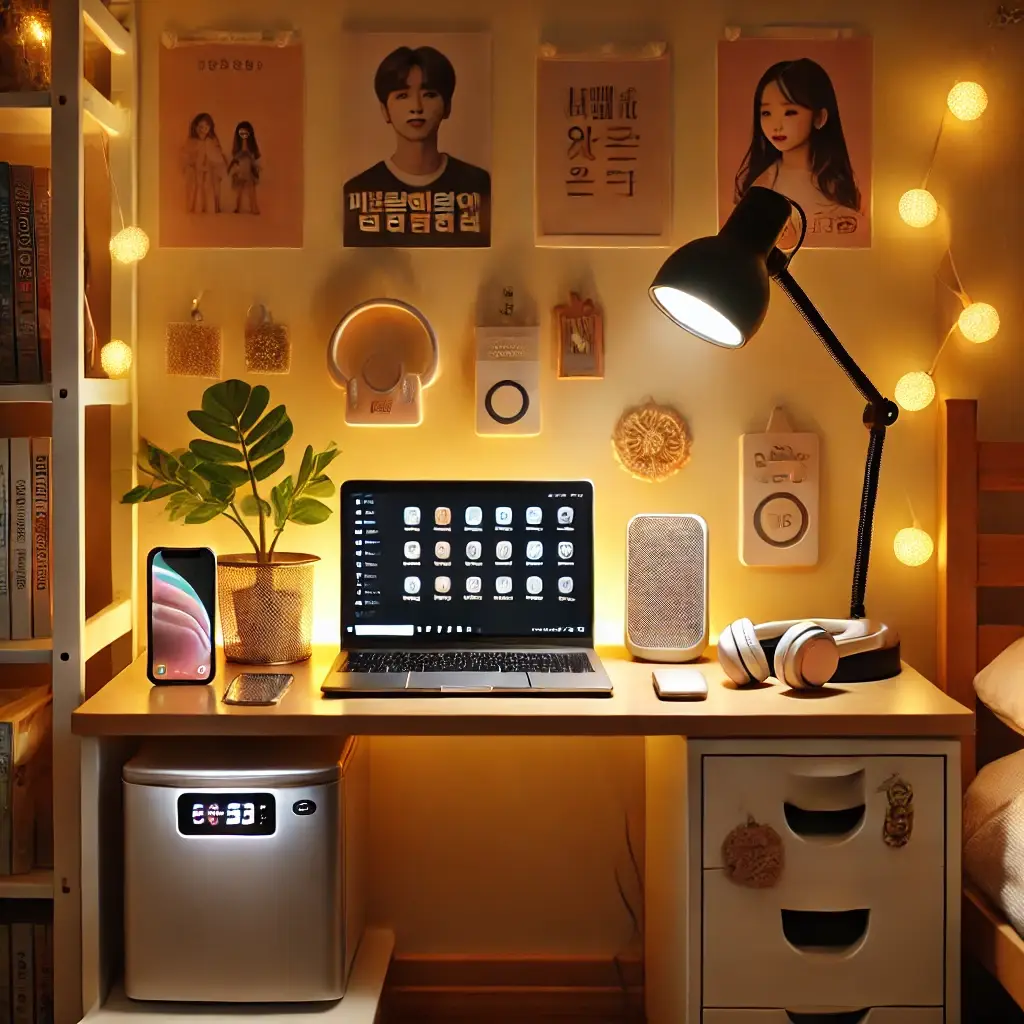 Gezellige studentenkamer met handige gadgets zoals een mini-koelkast, smart lamp, draadloze oplader en een laptop op een houten bureau, omringd door sfeerverlichting en decoratie.