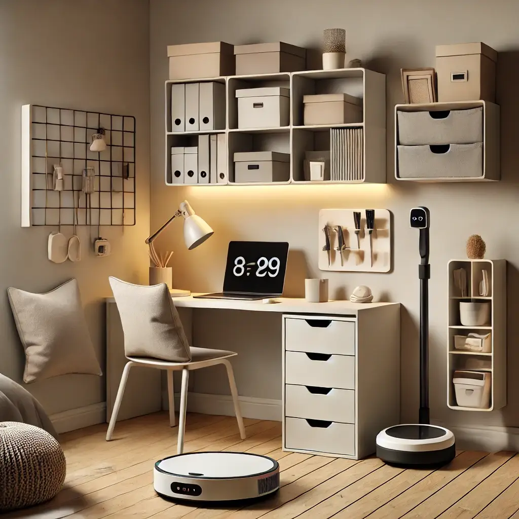 Minimalistische en georganiseerde studentenkamer met slimme opbergoplossingen, inclusief een robotstofzuiger, wandorganizer en een kabelbeheerbox.