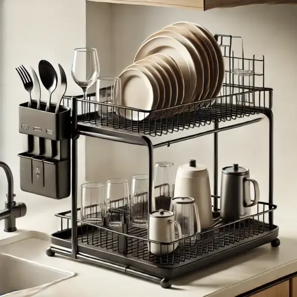 Tweelaags zwart afdruiprek met slim waterafvoersysteem dat water direct in de wasbak leidt. Ideaal voor kleine keukens en studentenwoningen.