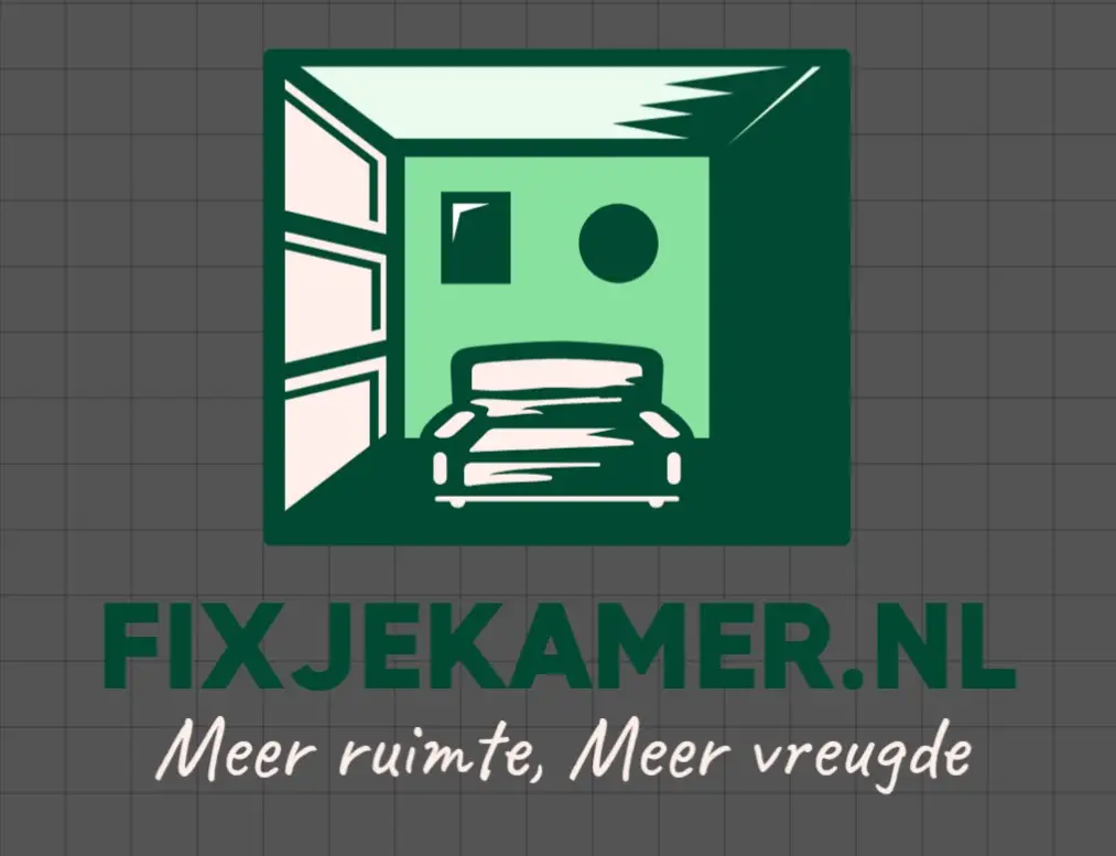 Logo van FixJeKamer.nl met een groene kamerillustratie en de slogan 'Meer ruimte, Meer vreugde'.